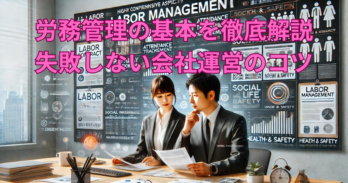 非常に現実的なオフィスのシーン。40代の日本人男性と30代の日本人女性が、労働契約、勤怠管理、給与計算、社会保険、安全衛生に関する書類を確認している。デスクにはデジタルツールと書類が混在し、カレンダーには法令遵守の締め切りが強調されている。背景には労務管理の基本、法令遵守、従業員コミュニケーション、ワークライフバランス、デジタル変革、グローバル化の重要性を要約したポスターが掲示されている。