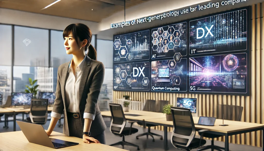 DXの未来：先進企業に見る次世代技術活用例」に関連する最先端のテクノロジーオフィス背景で、35歳のビジネスカジュアルな服装の日本人女性がパソコンに向かい、集中した表情で作業しています。背景には、AI、IoT、量子コンピューティング、5Gアプリケーションなどの次世代技術を示すデジタル画面が映し出され、革新と未来志向のデジタル変革を象徴する環境が強調されています。