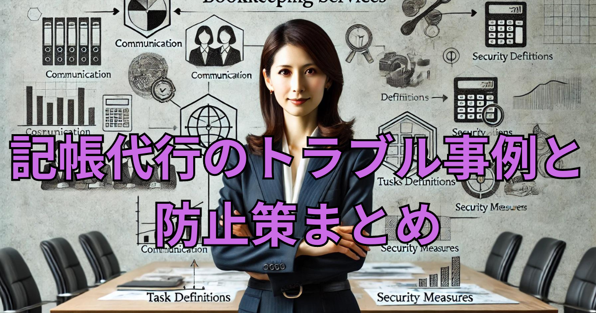 ビジネススーツを着た35歳の日本人女性が、自信を持ってオフィスに立っている。背景には、記帳代行サービスに関連する要素が描かれ、大きな会議テーブルに書類が並び、ホワイトボードにはコミュニケーション、業務範囲の明確化、セキュリティ対策、PDCAサイクルなどの重要なポイントが示されている。シーンは、会計業務の問題解決や防止策、サービスの活用による効率化と成長を強調しており、プロフェッショナリズムと戦略的な計画が強調されている。